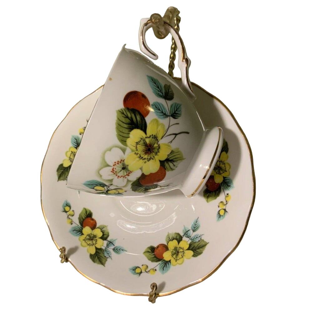 Flower & Rosehips Tea Cup & Saucer Tea Set English Fine Bone China Royal Vale